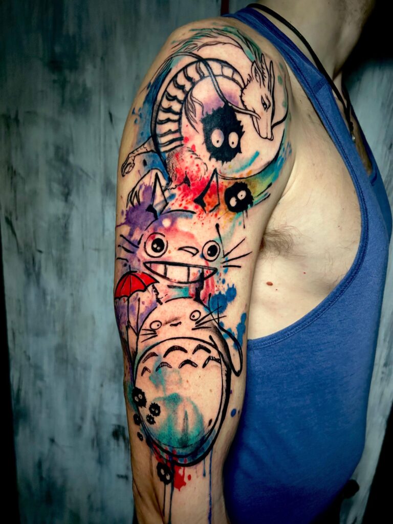 Tatuaggio di Lenny Fastidio, Totoro e spiriti del bosco sul braccio